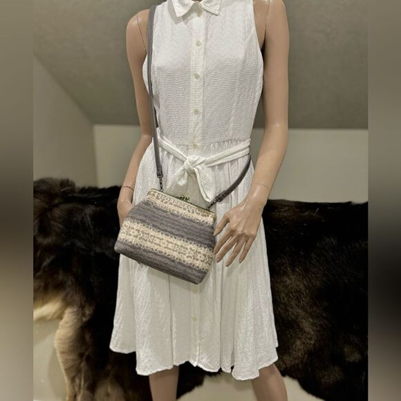 Handsewn Genuine Embossed Leather Double Kisslock Wristlet/ShoulderBag/Crossbody - Picture 8 of 16